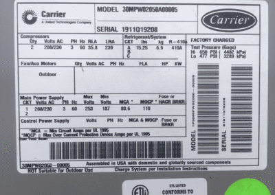 Carrier 20 ton water cooled equipment label